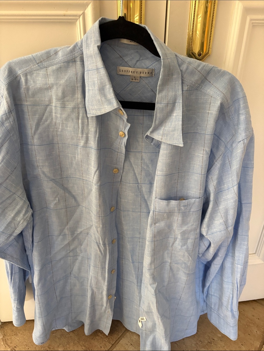 Geoffrey Beene Light Blue Windowpane Linen Button-Up Shirt